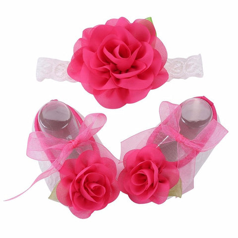 Angel Collection (Set) : Deep Pink Flowers Shoes & Angel Lace Headband For Baby Angel (In One Set)!
