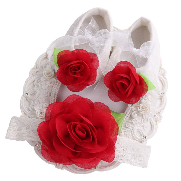 Angel Collection (Set) : Red Rose Flowers Shoes & Angel Lace Headband For Baby Angel (In One Set)!