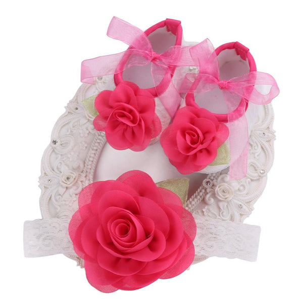 Angel Collection (Set) : Deep Pink Flowers Shoes & Angel Lace Headband For Baby Angel (In One Set)!