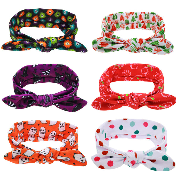 Girl DIY Rabbit Ears Headband cartoon pattern dot Turban Knot Headwrap Hair Band Halloween gift
