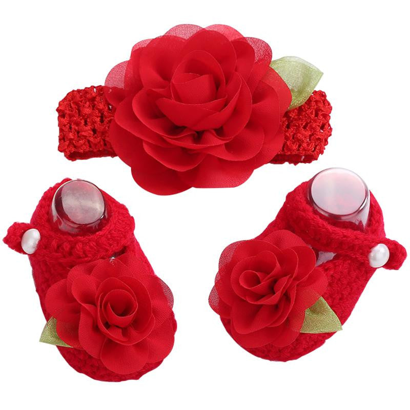 Newborn Collection (Set) :  Rose Red Flowers Woolen Shoes & Headband For Newborn Baby Girl (In One Set)! (Item Code : NCR1)