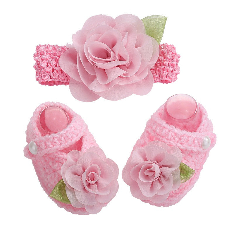 Newborn Collection (Set) :  Pink Flowers Woolen Shoes & Headband For Newborn Baby Girl (In One Set)!