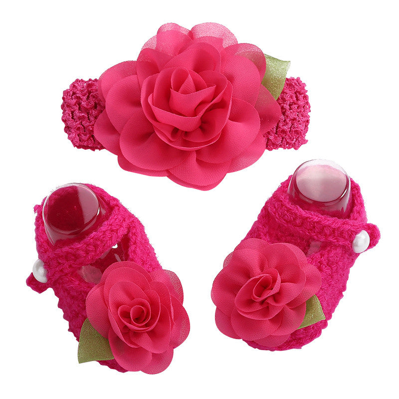 Newborn Collection (Set) : Magenta Flowers Woolen Shoes & Headband For Newborn Baby Girl (In One Set)!