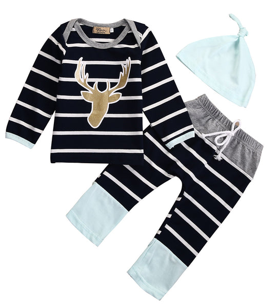Showroom Baby Clothing Long Sleeve Stripe Reindeer 3PCS In One Set (Top Shirt+Stripe Pants+Hat) 0-18M