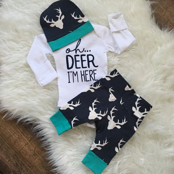 New Infant Long Sleeve Set Clolthing (Top Romper+Deer Leggings Pants+Hat)  3PCS/Set
