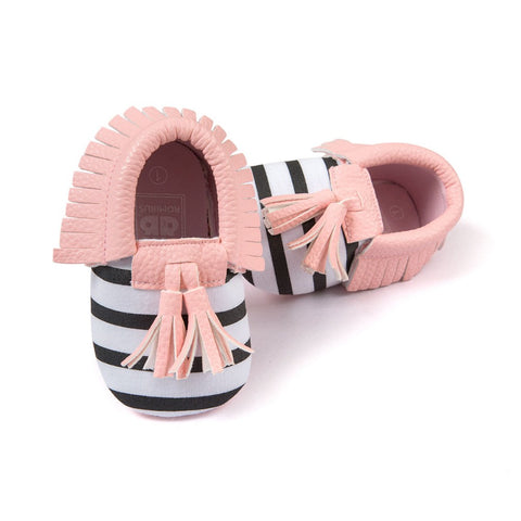 Stripe Moccasin with Pink Tassel - Soft PU Leather For Baby & Toddler