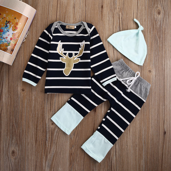 Showroom Baby Clothing Long Sleeve Stripe Reindeer 3PCS In One Set (Top Shirt+Stripe Pants+Hat) 0-18M