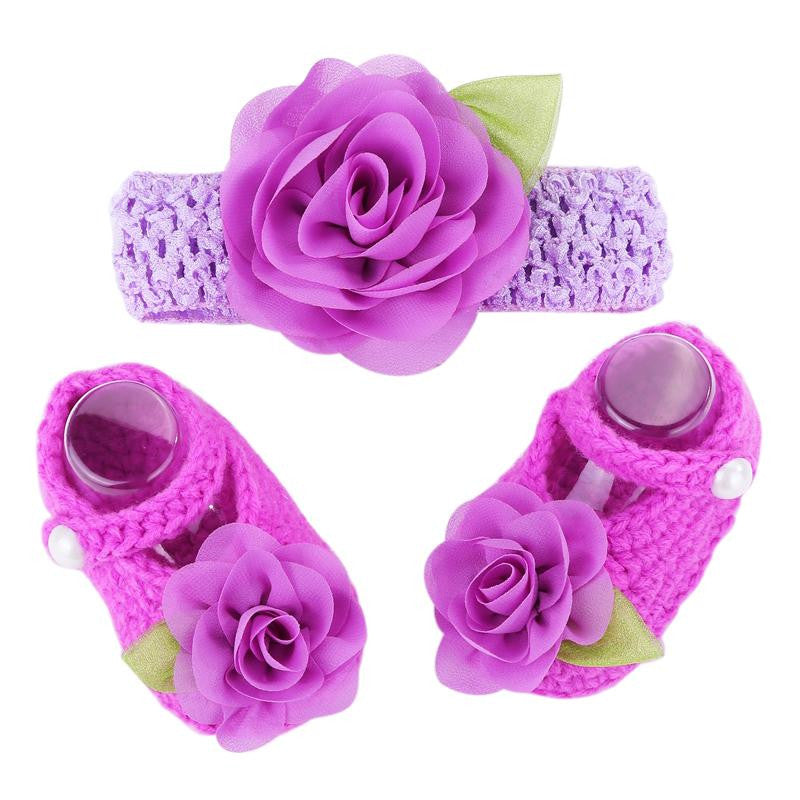 Purple Flowers Woolen Shoes & Headband For Newborn Baby Girl (In One Set)!