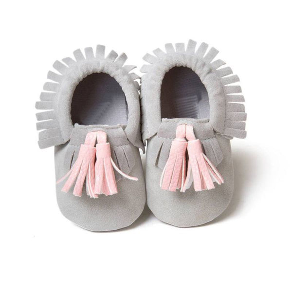 Gray Moccasin with Pink Tassel - Soft PU Leather For Baby & Toddler