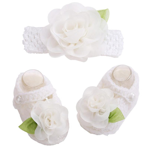 Snow White Flowers Woolen Shoes & Headband For Newborn Baby Girl (In One Set)