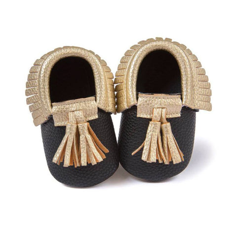 Black Moccasin with Gold Tassel - Soft PU Leather For Baby & Toddler