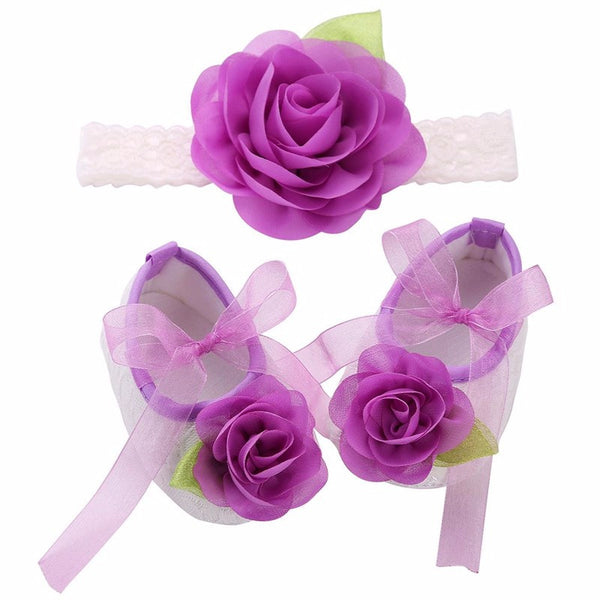  Purple Flowers Shoes & Angel Lace Headband For Baby Angel 