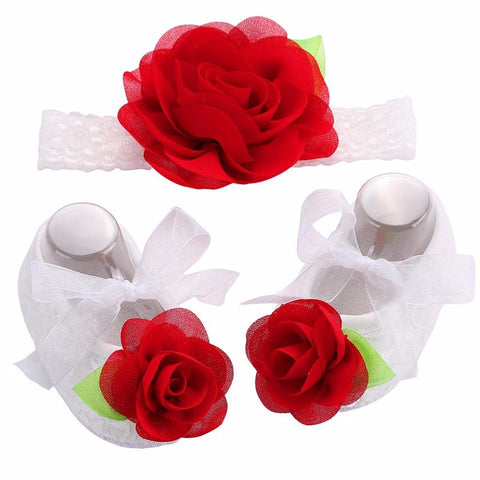 Angel Collection (Set) : Red Rose Flowers Shoes & Angel Lace Headband For Baby Angel (In One Set)!