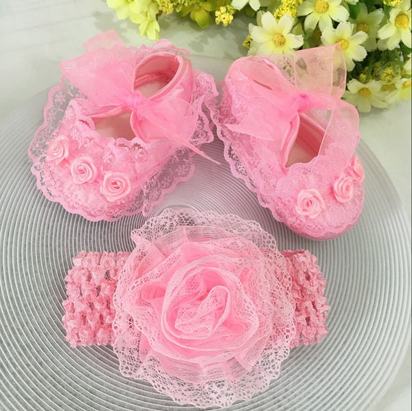 [Spring Sale + FREE Shipping]  --- Pink Flowers Shoes & Princess Lace Headband For Cute Baby Girl (In One Set)!