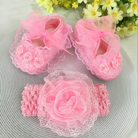 [Spring Sale + FREE Shipping]  --- Pink Flowers Shoes & Princess Lace Headband For Cute Baby Girl (In One Set)!