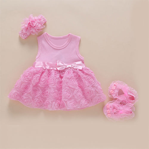 New Arrival Baby Girls Lace Pink Floral Dress Set (0-2years)