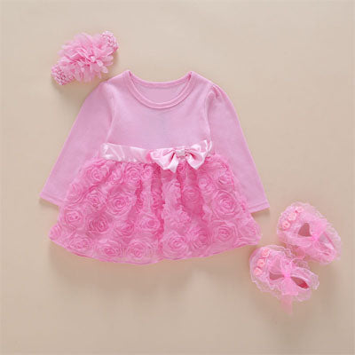 New Arrival Baby Girls Lace Pink Sleeve Floral Dress Set (0-2years)