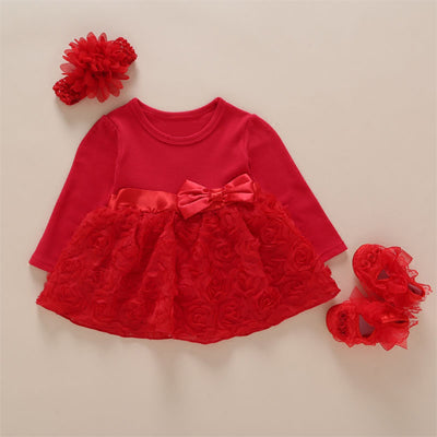 New Arrival Baby Girls Lace Red Sleeve Floral Dress Set (0-2years)