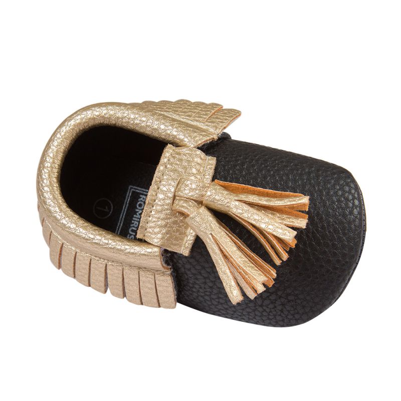 Black Moccasin with Gold Tassel - Soft PU Leather For Baby & Toddler