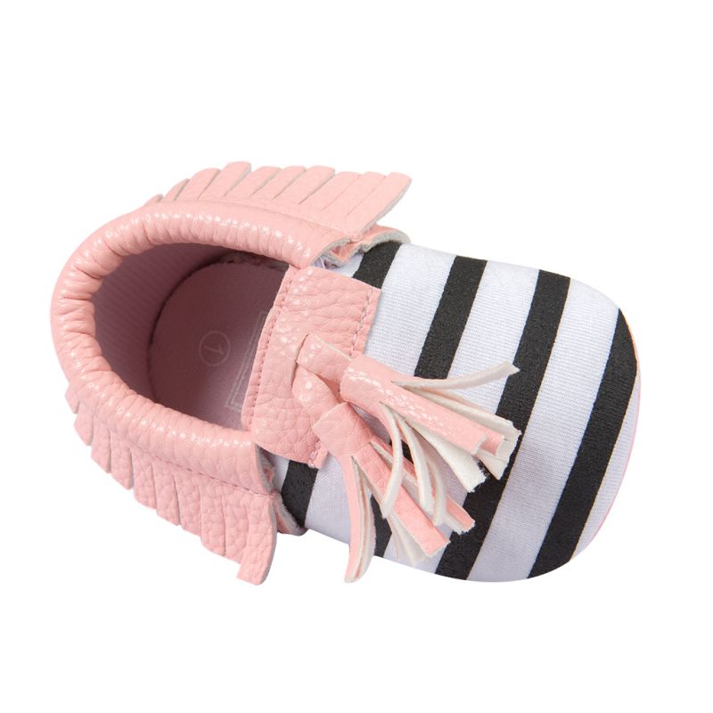Stripe Moccasin with Pink Tassel - Soft PU Leather For Baby & Toddler