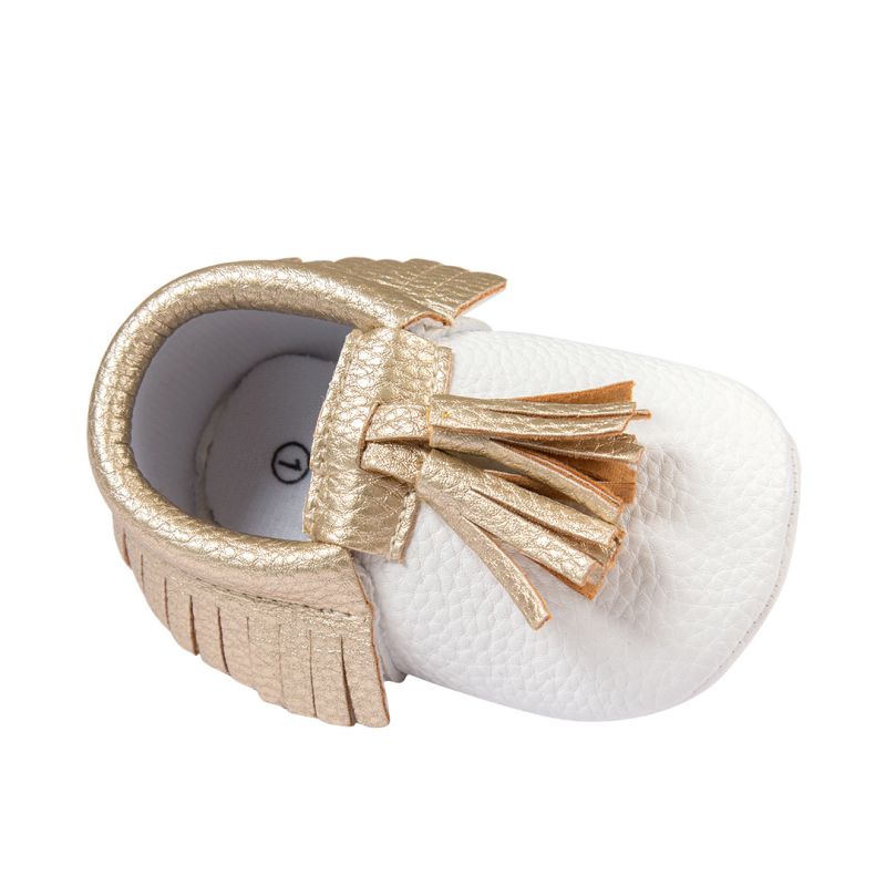 White Moccasin with Gold Tassel - Soft PU Leather For Baby & Toddler