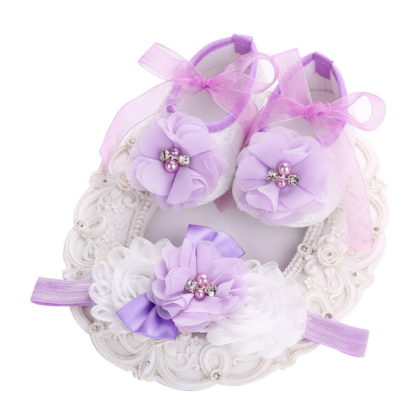 Fairy Collection (Set) : Purple Bead Flowers Shoes & Fairy Lace Headband For Baby Girl (In One Set)!