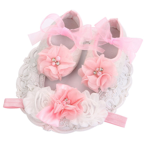 Fairy Collection (Set) : Pink Bead Flowers Shoes & Fairy Lace Headband For Baby Girl (In One Set)! (Item Code : FCP1)
