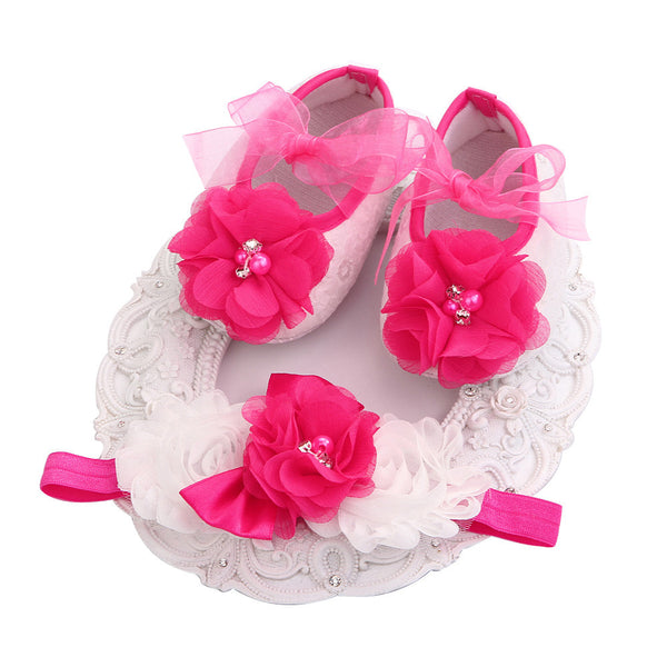 Fairy Collection (Set) : Magenta Bead Flowers Shoes & Fairy Lace Headband For Baby Girl (In One Set)!