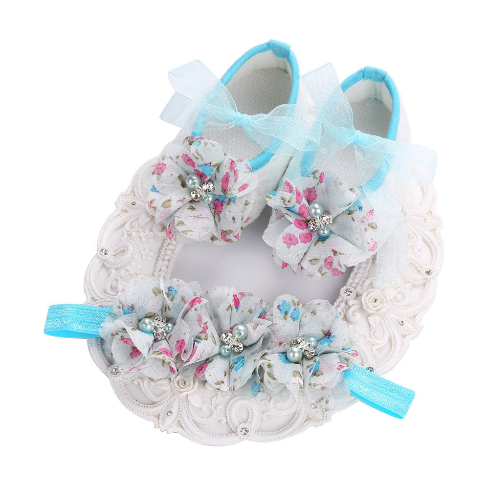 Fairy Collection (Set) : Blue Floral Bead Flowers Shoes & Fairy Lace Headband For Baby Girl (In One Set)! (Item Code : FCB1)