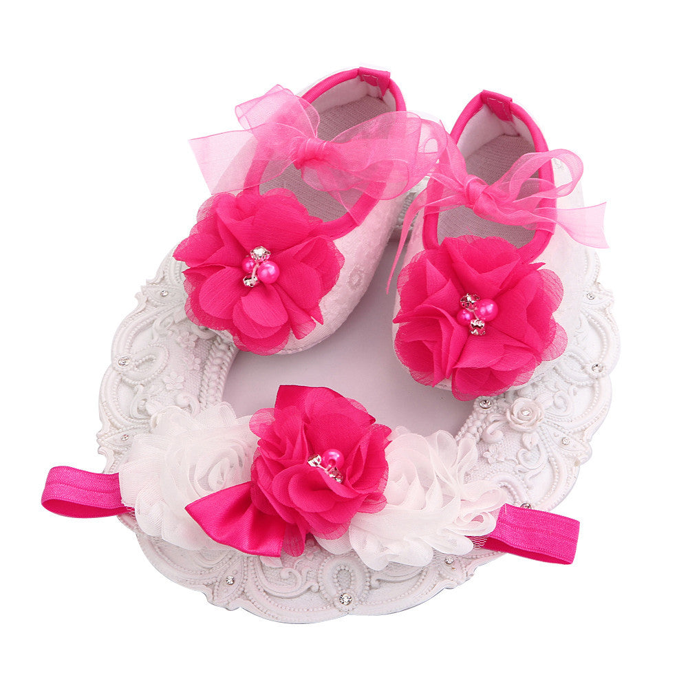 Fairy Collection (Set) : Magenta Bead Flowers Shoes & Fairy Lace Headband For Baby Girl (In One Set)! (Item Code : FCM1)