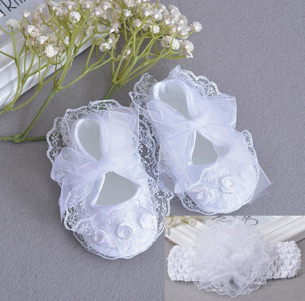 Flowers Shoes & Princess Lace Headband For Cute Baby Girl (In One Set)!