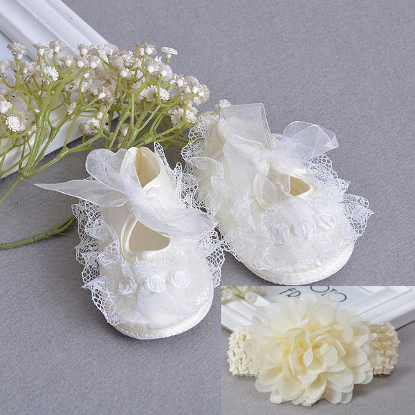 Flowers Shoes & Princess Lace Headband For Cute Baby Girl (In One Set)!