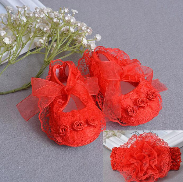 Flowers Shoes & Princess Lace Headband For Cute Baby Girl (In One Set)!