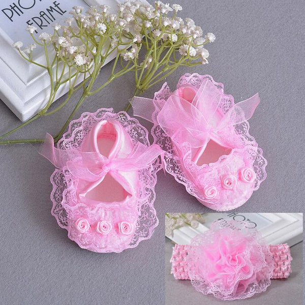 Flowers Shoes & Princess Lace Headband For Cute Baby Girl (In One Set)!