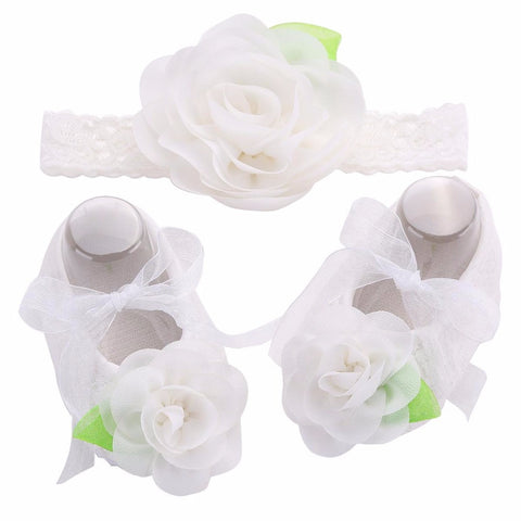 Angel Collection (Set) : Snow White Flowers Shoes & Angel Lace Headband For Baby Angel (In One Set)!
