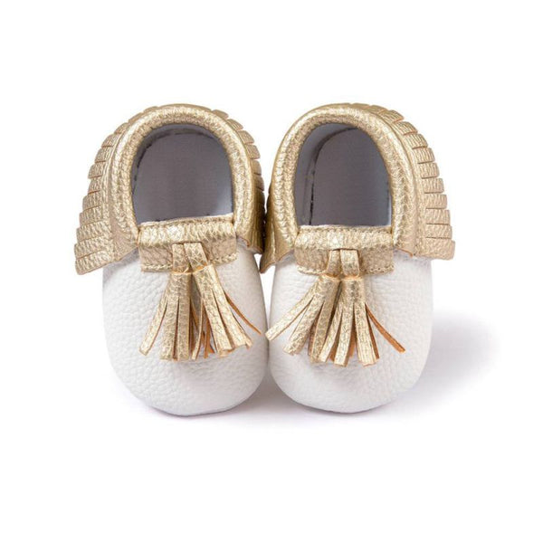 White Moccasin with Gold Tassel - Soft PU Leather For Baby & Toddler