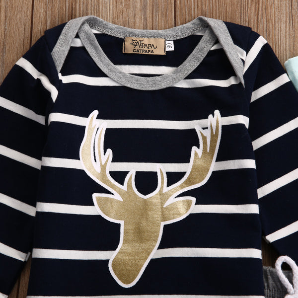 Showroom Baby Clothing Long Sleeve Stripe Reindeer 3PCS In One Set (Top Shirt+Stripe Pants+Hat) 0-18M