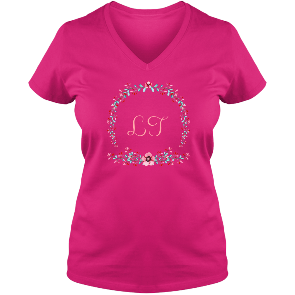[FREE Shipping + 15% OFF] Unique Personalized Initial Colorful Wreath Blossom Ladies V Neck Tee Family Matching Clothing Set [Expiry : Oct 12 (Fri)]